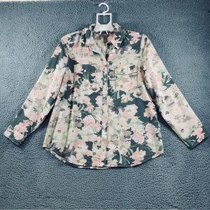 Chico's‎ Top Shirt Women's Long Sleeve Button Up Floral Green Pink Size 1 (8-M)